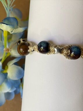 Handcrafted Blue-Brown Adjustable Macramé Bracelet with Star Accents